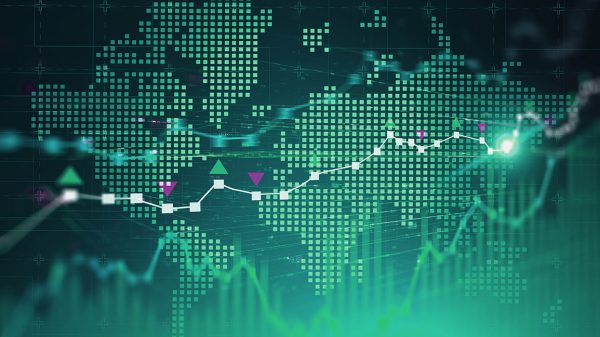 Digital world map with double exposure of network hologram and graphs. Concept of hi tech and trading. 3d rendering toned image. Elements of this image furnished by NASA