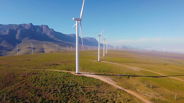 Behold the awe-inspiring sight of the Overberg Wind Farm in Western Cape, South Africa, captured from a panoramic aerial perspective, showcasing the harmony between technology and nature.